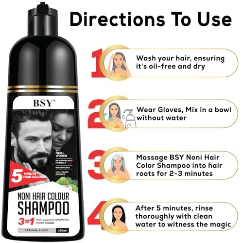 BSY Noni Natural Black Hair color shampoo - 180ml - Pump Pack | No Ammonia | 3 in 1 - Hair Dye Shampoo, conditioner for women | Noni Fruit Hair Dye for Men | 5 Minutes Hair ColorFROM INDIA(NUZ) - View 6 of 7