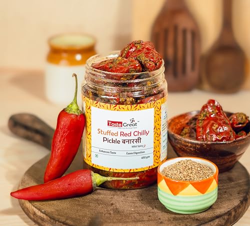 Taste Great Banarasi Stuffed Red Chilli Pickle (450g) I Banaras Spl Lal Mirchi ka Bharwa Achar I Mild Spicy &amp; Less oil used I Made with old Banarasi recipe I Special casement box packing - View 5 of 6