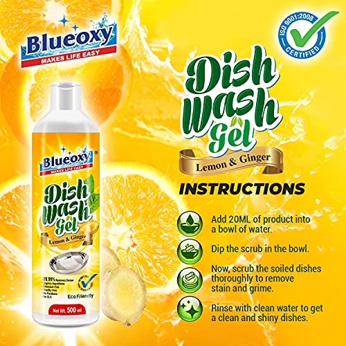BLUEOXY Dish Wash liquid Gel | Dish washing Liquid Gel | Vessel Cleaner Liquid Gel | Liquid Kitchen Soap | Utensil Cleaner | Grease Cleaner for All Utensils | Ecological Formula | 500 ML | QTY 1(FROM INDIA) NUSS - View 3 of 5