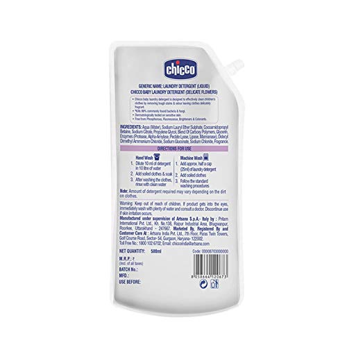 Chicco Sensitive Baby Laundry Detergent, Delicate Flowers Fragrance, 500ml Refill Pack | Liquid Detergent for Baby Clothes | Kills 99% Barteria and Fungi | 5X Stain Fighter | Free From Harsh Chemicals (FROM INDIA)SAB - View 2 of 6