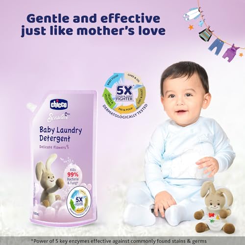 Chicco Sensitive Baby Laundry Detergent, Delicate Flowers Fragrance, 500ml Refill Pack | Liquid Detergent for Baby Clothes | Kills 99% Barteria and Fungi | 5X Stain Fighter | Free From Harsh Chemicals (FROM INDIA)SAB - View 3 of 6