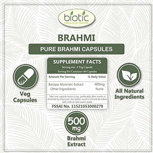 Biotic Brahmi Capsules - Bacopa Monnieri Extract 500mg - 60 Veg Capsules - View 4 of 7