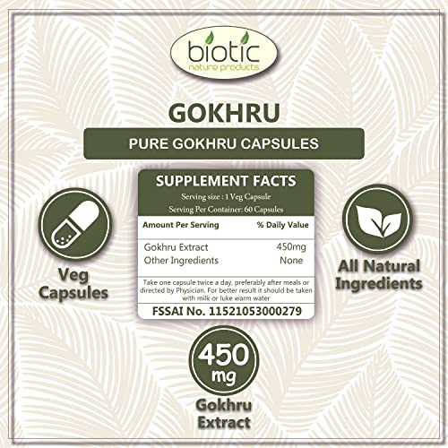 Biotic Natural Gokhru Capsules (Tribulus terrestris) Gokshura Capsules for men 450mg Extract - 60 Veg Capsules (FROM INDIA) NUSS - View 4 of 7