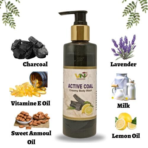 Vivid Naturally Handmade Active Coal Creamy Body Wash - Deep Cleansing, Sun Tan Removal, Brightening, Smooth &amp; Soft Skin | Activated Charcoal, Lemon Oil, Lavender Oil - 220ml(FROM INDIA)JEZ - View 3 of 5