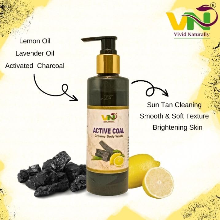 Vivid Naturally Handmade Active Coal Creamy Body Wash - Deep Cleansing, Sun Tan Removal, Brightening, Smooth &amp; Soft Skin | Activated Charcoal, Lemon Oil, Lavender Oil - 220ml(FROM INDIA)JEZ - View 4 of 5