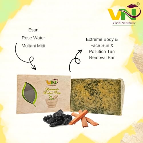 Vivid Naturally Handmade Detan Charcoal Fusion Bar - Goat Milk Natural Soap, Tailored for Unisex Tan Removal &amp; Oil Control, Handcrafted with Activated Charcoal, Besan, Chandan &amp; Multani Mitti - 105g(FROM INDIA)JEZ - View 5 of 5