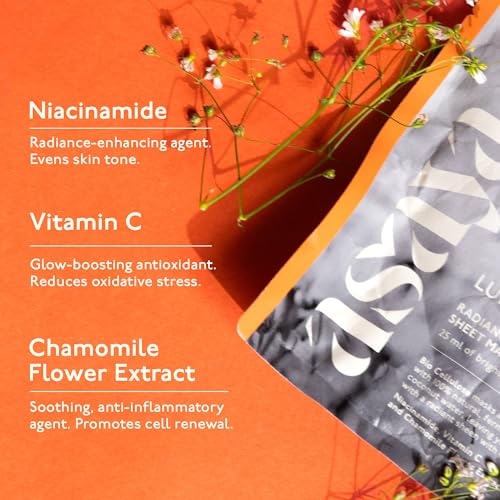 Asaya Radiance Face Sheet Mask for Brightening | Bio cellulose Sheet Mask for Dull, Uneven Skin | Niacinamide, Vitamin C &amp; Chamomile Flower Extract | Adds Glow | Made in Korea | All Skin Types (FROM INDIA)SAB - View 4 of 6