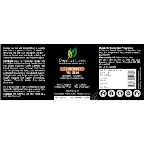 ORGANICAGLEAM C-Luronate Face Serum with Vitamin C, Sodium Hyaluronate, Green Tea, Turmeric for Hydration, Antioxidant &amp; Anti-inflammatory, Smooth Moisturized Skin, Skincare for Men and Women (10 ml)(FROM INDIA)JEZ - View 3 of 7