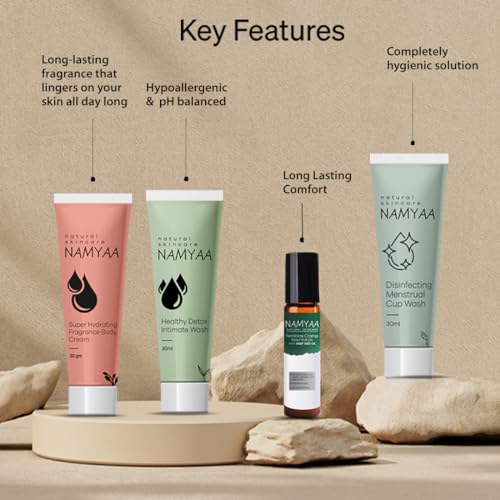Namyaa Intimate Travel Hygiene Kit | Combo Pack of Intimate Wash, Menstrual Cup Wash, Super Hydrating Fragrance Body Cream &amp; Period Cramp Roll On | Perfect for Period Pain &amp; Hygiene | 100g(FROM INDIA)NUZ - View 3 of 5