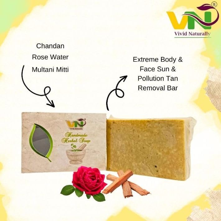 Vivid Naturally Detan Soap Bar - Tan Removal, Glowing Skin, Besan, Chandan, Multani Mitti | Handmade Soap | Ayurvedic Soaps | Herbal Soap Pack of 3-315g (105g+105g+105g)(FROM INDIA)JEZ - View 5 of 6