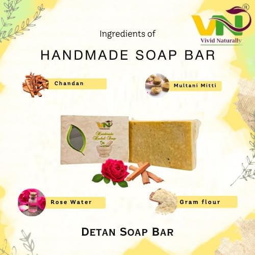 Vivid Naturally Detan Soap Bar - Tan Removal, Glowing Skin, Besan, Chandan, Multani Mitti | Handmade Soap | Ayurvedic Soaps | Herbal Soap Pack of 3-315g (105g+105g+105g)(FROM INDIA)JEZ - View 6 of 6
