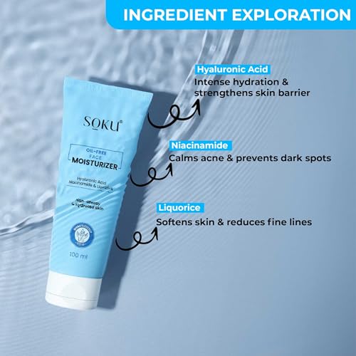 SOKU Oil Free Face Moisturizer | Suitable for Oily Skin with Hyaluronic Acid, Niacinamide &amp; Liquorice | Light Weight &amp; Non Greasy | Hydrating &amp; Brightening Skin - 100 ml - View 6 of 7