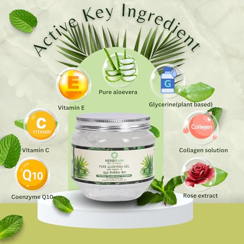 Herbirain Pure &amp; Natural Aloevera Gel Enriched With Vitamin E,C &amp; Rose Extract /For Face, Skin, &amp; Hair | Both For Men &amp; Women | Fragrance Free &amp; No Added Colour | Hydrating, Tan removal,Clear, Glowing skin 250gm (FROM INDIA) NUSS - View 3 of 6