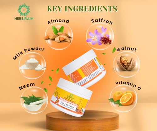 Herbirain Organic Ubtan Powder Face &amp; Body Pack Fairer &amp; Even Skin Tone, Glowing Skin,Tan Removal, Reduce Melasma &amp; Pigmentation naturally | Almond,Walnut,Saffron,Vitamin C 250 gm (FROM INDIA) NUSS - View 3 of 7