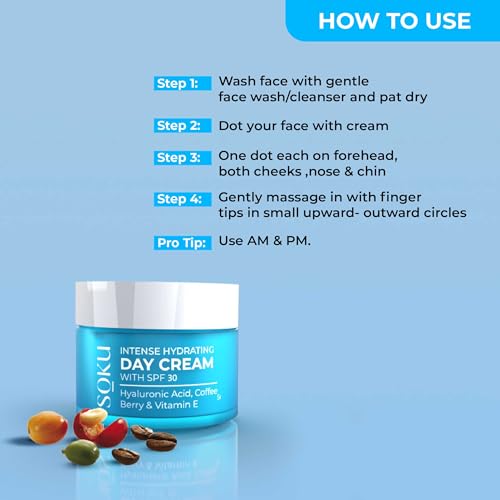 SOKU Intense Hydrating Day Cream with SPF 30 | Hydrates Skin &amp; Boosts Collagen Production | Enriched with Vitamin E, Hyaluronic Acid &amp; Coffee Berry | Moisturizer for Women &amp; Men - 50 g(FROM INDIA)JEZ - View 3 of 7