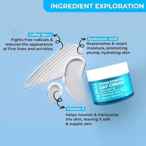 SOKU Intense Hydrating Day Cream with SPF 30 | Hydrates Skin &amp; Boosts Collagen Production | Enriched with Vitamin E, Hyaluronic Acid &amp; Coffee Berry | Moisturizer for Women &amp; Men - 50 g(FROM INDIA)JEZ - View 4 of 7