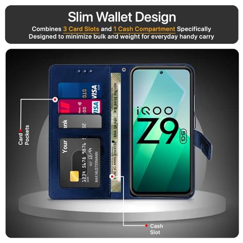 WOW IMAGINE Shock Proof Flip Cover Back Case Cover for iQOO Z9 5G (Flexible | Leather Finish | Card Pockets Wallet &amp; Stand | Blue) (FROM INDIA FAAZ) - View 4 of 6