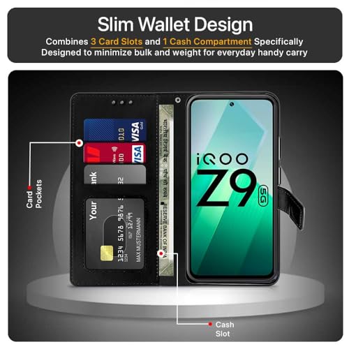 WOW IMAGINE Shock Proof Flip Cover Back Case Cover for iQOO Z9 5G (Flexible | Leather Finish | Card Pockets Wallet &amp; Stand | Black) (FROM INDIA FAAZ) - View 4 of 6