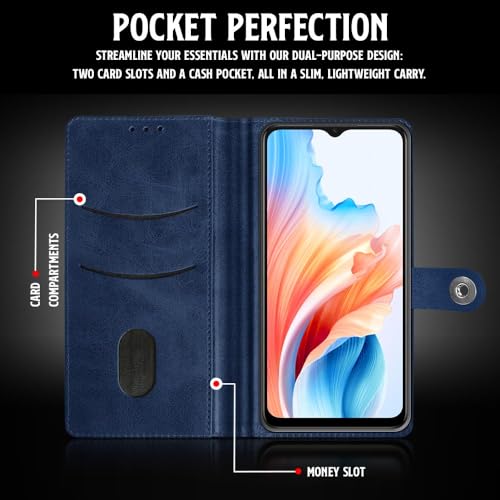 WOW IMAGINE Shock Proof Flip Cover Back Case for Oppo A59 5G (Designer Magnetic Button Flip Case | Inbuilt Wallet Pockets &amp; Stand | Leather Finish | Oxford Blue) (FROM INDIA FAAZ) - View 4 of 6