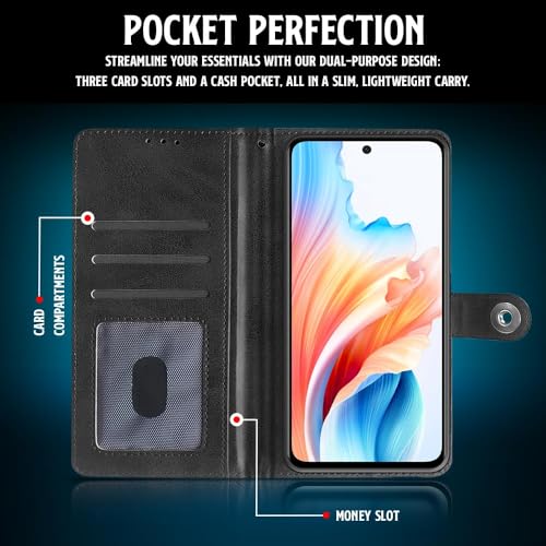 WOW IMAGINE Shock Proof Flip Cover Back Case for Oppo A59 5G (Designer Magnetic Button Flip Case | Inbuilt Wallet Pockets &amp; Stand | Leather Finish | Haze Black) (FROM INDIA FAAZ) - View 4 of 6