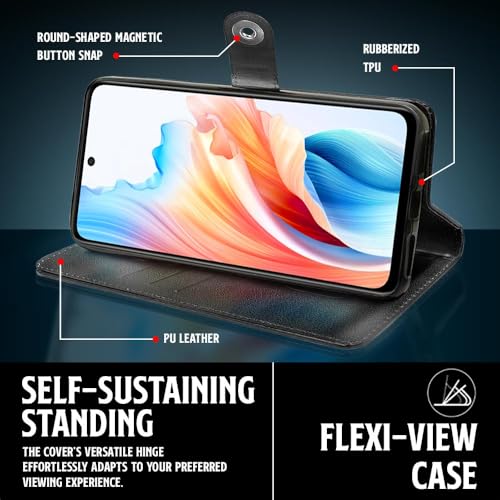 WOW IMAGINE Shock Proof Flip Cover Back Case for Oppo A59 5G (Designer Magnetic Button Flip Case | Inbuilt Wallet Pockets &amp; Stand | Leather Finish | Haze Black) (FROM INDIA FAAZ) - View 6 of 6