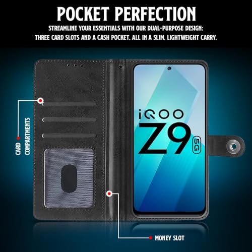 WOW IMAGINE Shock Proof Flip Cover Back Case for iQOO Z9 5G (Designer Magnetic Button Flip Case | Inbuilt Wallet Pockets &amp; Stand | Leather Finish | Haze Black) (FROM INDIA FAAZ) - View 4 of 7