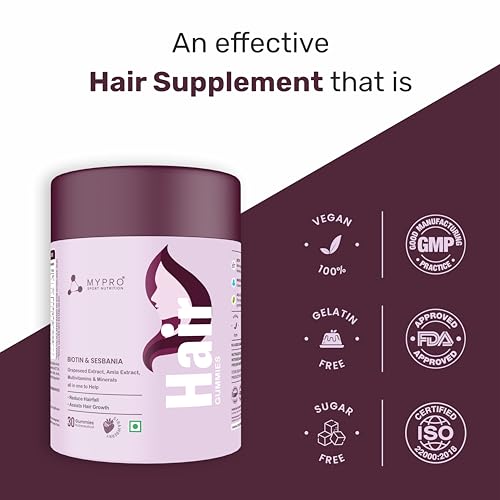 Mypro Sport Nutrition Biotin Hair Gummies | for Stronger &amp; Healthy Hair &amp; Assists Hair Growth | With Sesbania,Amla Grapeseed Extract | Hair Supplements for Men&amp;Women Strawberry Flavour-30 Gummies (FROM INDIA)SAB - View 5 of 7
