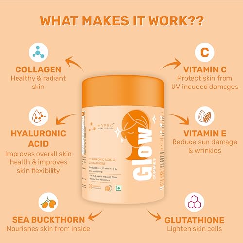 Mypro Sport Nutrition Glow Skin Gummeis | with Glutathione&amp;hyaluronic Acid,sea Buckthorn,vitamin C &amp; E | to Support Healthier&amp;youthful Skin Health | Natural Orange Flavoured for Men&amp;women-30 Gummies (FROM INDIA)SAB - View 2 of 7