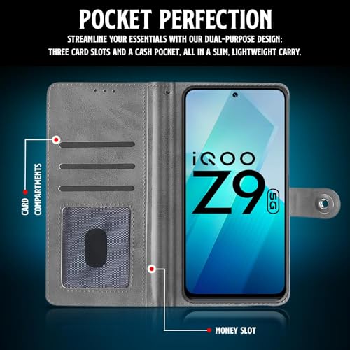 WOW IMAGINE Shock Proof Flip Cover Back Case for iQOO Z9 5G (Designer Magnetic Button Flip Case | Inbuilt Wallet Pockets &amp; Stand | Leather Finish | Stone Grey) (FROM INDIA FAAZ) - View 4 of 6