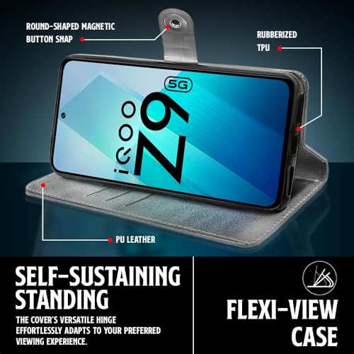 WOW IMAGINE Shock Proof Flip Cover Back Case for iQOO Z9 5G (Designer Magnetic Button Flip Case | Inbuilt Wallet Pockets &amp; Stand | Leather Finish | Stone Grey) (FROM INDIA FAAZ) - View 6 of 6