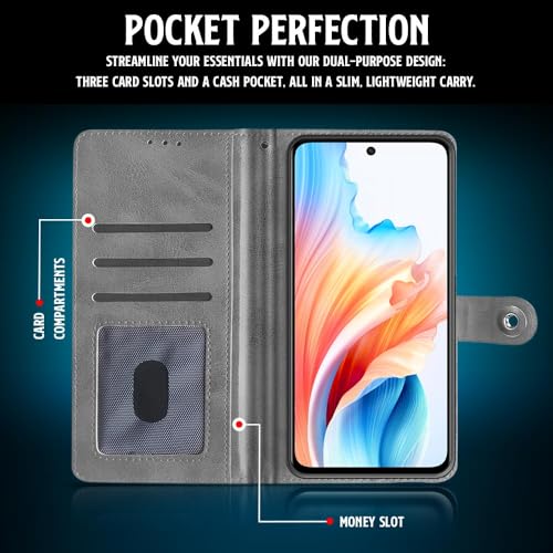 WOW IMAGINE Shock Proof Flip Cover Back Case for Oppo A59 5G (Designer Magnetic Button Flip Case | Inbuilt Wallet Pockets &amp; Stand | Leather Finish | Stone Grey) (FROM INDIA FAAZ) - View 4 of 6