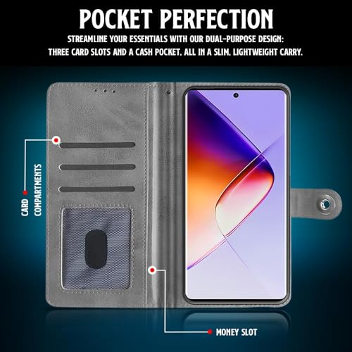 WOW IMAGINE Shock Proof Flip Cover Back Case for Infinix Note 40 Pro | Note 40 Pro Plus (Designer Magnetic Button Flip Case | Inbuilt Wallet Pockets &amp; Stand | Leather Finish | Stone Grey) - View 4 of 7