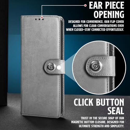 WOW IMAGINE Shock Proof Flip Cover Back Case for Infinix Note 40 Pro | Note 40 Pro Plus (Designer Magnetic Button Flip Case | Inbuilt Wallet Pockets &amp; Stand | Leather Finish | Stone Grey) - View 7 of 7