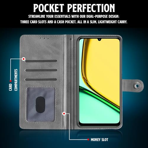 WOW IMAGINE Shock Proof Flip Cover Back Case for Realme Narzo N61 | Realme C61 (Magnetic Button Flip Case | Wallet Pockets &amp; Stand | Leather Finish | Stone Grey) (FROM INDIA FAAZ) - View 3 of 6