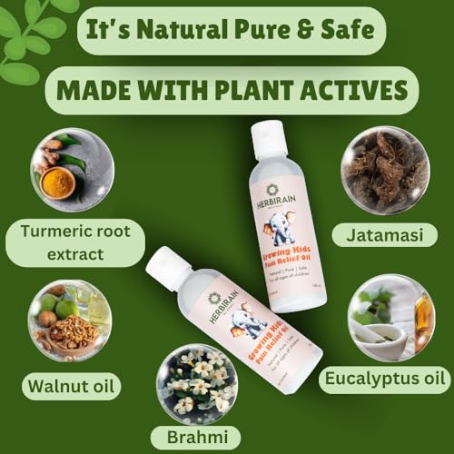 Herbirain Growing Kids and Baby Pain Relief massage Oil - 100 ml | With Eucalyptus Oil, Turmeric Root extract and Walnut Oil |For leg and body pains | Natural Pure &amp; Safe (FROM INDIA) NUSS - View 3 of 6