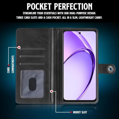 WOW IMAGINE Shock Proof Flip Cover Back Case for Oppo A3x 5G | A3x 4G | A3 5G (Magnetic Button Flip Case | Wallet Pockets &amp; Stand | Leather Finish | Haze Black) (FROM INDIA FAAZ) - View 4 of 6