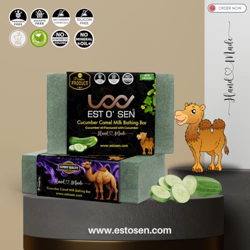Estosen Pure Camel Milk Cucumber Hand Made Premium Soap , Cold Pressed Coconut oil, Camel Milk, Cucumber Powder, Cucumber Oil Glycerin, Vitamin C, Aloe Vera Oil, Almond Oil 100% Paraben Free, Vegan, 100% Organic 85GM (FROM INDIA)JEZ - View 2 of 7
