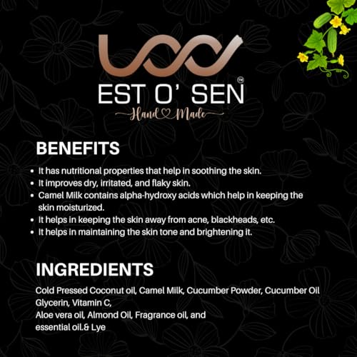 Estosen Pure Camel Milk Cucumber Hand Made Premium Soap , Cold Pressed Coconut oil, Camel Milk, Cucumber Powder, Cucumber Oil Glycerin, Vitamin C, Aloe Vera Oil, Almond Oil 100% Paraben Free, Vegan, 100% Organic 85GM (FROM INDIA)JEZ - View 4 of 7