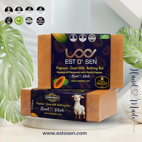 Estosen Handmade Papaya Goat Milk Premium Soap 100% organic Goat Milk, Papaya Powder, Papaya Oil, Cold Pressed Coconut oil, Glycerin, Vitamin C, Almond Oil, Olive Oil Fragrance oil, Essential oil &amp; Lye 100%Paraben Free, Sulphate Free, No Synthetic Colours, Hand Made - View 2 of 7