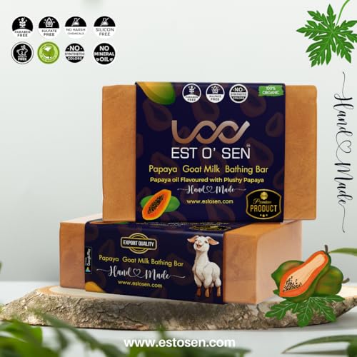 Estosen Handmade Papaya Goat Milk Premium Soap 100% organic Goat Milk, Papaya Powder, Papaya Oil, Cold Pressed Coconut oil, Glycerin, Vitamin C, Almond Oil, Olive Oil Fragrance oil, Essential oil &amp; Lye 100%Paraben Free, Sulphate Free, No Synthetic Colours, Hand Made - View 5 of 7