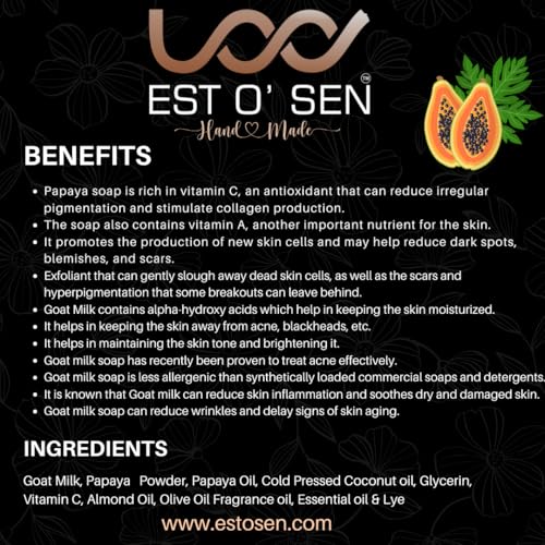 Estosen Handmade Papaya Goat Milk Premium Soap 100% organic Goat Milk, Papaya Powder, Papaya Oil, Cold Pressed Coconut oil, Glycerin, Vitamin C, Almond Oil, Olive Oil Fragrance oil, Essential oil &amp; Lye 100%Paraben Free, Sulphate Free, No Synthetic Colours, Hand Made - View 7 of 7