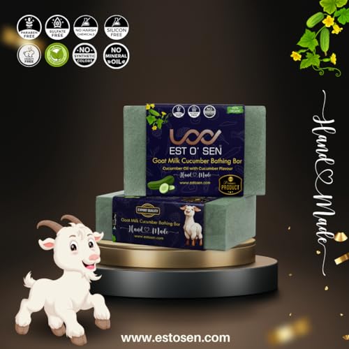 Estosen Goat Milk Cucumber Handmade Premium Soap 100% organic Goat Milk, Cucumber Powder, Cucumber Oil, Cold Pressed Coconut oil, Glycerin, Vitamin C, aloe vera oil, Almond Oil, Fragrance oil, and essential oil &amp; Lye (FROM INDIA)JEZ - View 2 of 7