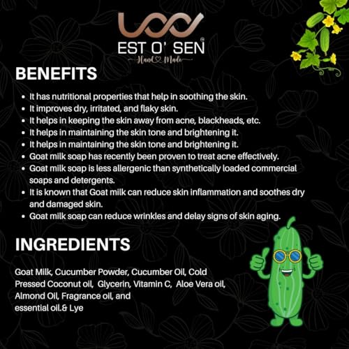 Estosen Goat Milk Cucumber Handmade Premium Soap 100% organic Goat Milk, Cucumber Powder, Cucumber Oil, Cold Pressed Coconut oil, Glycerin, Vitamin C, aloe vera oil, Almond Oil, Fragrance oil, and essential oil &amp; Lye (FROM INDIA)JEZ - View 4 of 7