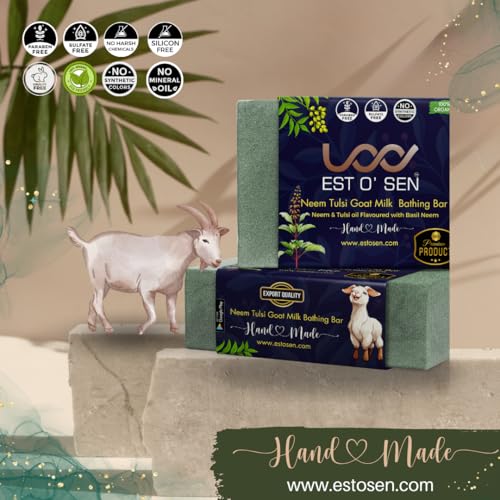 Estosen Organic Neem Tulsi Goat Milk Premium Handmade Soap - 100% organic - Fresh Goat Milk - Neem Tulsi powder &amp; Oil, Cold Pressed Coconut oil -100% Paraben Free -Sulphate Free -No Synthetic Colours 85GM (FROM INDIA)JEZ - View 2 of 7