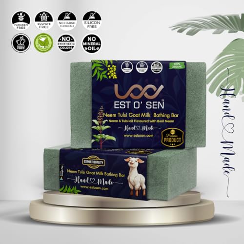 Estosen Organic Neem Tulsi Goat Milk Premium Handmade Soap - 100% organic - Fresh Goat Milk - Neem Tulsi powder &amp; Oil, Cold Pressed Coconut oil -100% Paraben Free -Sulphate Free -No Synthetic Colours 85GM (FROM INDIA)JEZ - View 3 of 7