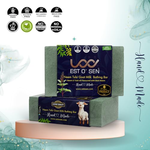 Estosen Organic Neem Tulsi Goat Milk Premium Handmade Soap - 100% organic - Fresh Goat Milk - Neem Tulsi powder &amp; Oil, Cold Pressed Coconut oil -100% Paraben Free -Sulphate Free -No Synthetic Colours 85GM (FROM INDIA)JEZ - View 6 of 7