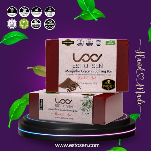 Estosen Glycerin Manjistha Premium Handmade Soap- 100% organic - Manjistha powder &amp; Oil, Veg Glycerin, Cold Pressed Coconut oil -100% Paraben Free -Sulphate Free -No Synthetic Colours 85GM (FROM INDIA)JEZ - View 2 of 7