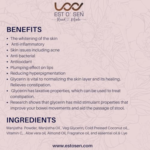 Estosen Glycerin Manjistha Premium Handmade Soap- 100% organic - Manjistha powder &amp; Oil, Veg Glycerin, Cold Pressed Coconut oil -100% Paraben Free -Sulphate Free -No Synthetic Colours 85GM (FROM INDIA)JEZ - View 6 of 7