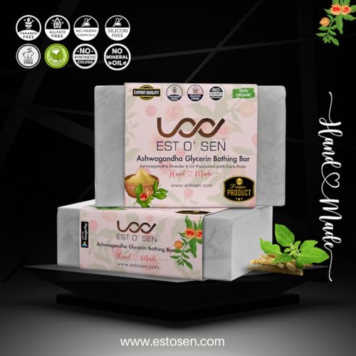 Estosen Ashwagandha Veg Glycerin Premium Handmade soap- 100% organic - Ashwagandha powder &amp; Oil, Veg Glycerin, Cold Pressed Coconut oil -100% Paraben Free -Sulphate Free -No Synthetic Colours 85GM(FROM INDIA)JEZ - View 2 of 7
