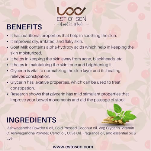 Estosen Ashwagandha Veg Glycerin Premium Handmade soap- 100% organic - Ashwagandha powder &amp; Oil, Veg Glycerin, Cold Pressed Coconut oil -100% Paraben Free -Sulphate Free -No Synthetic Colours 85GM(FROM INDIA)JEZ - View 7 of 7